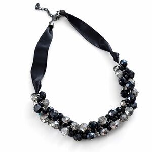 Vintage Ali-Khan New York Beaded Statement Necklace Black Crystal Ribbon